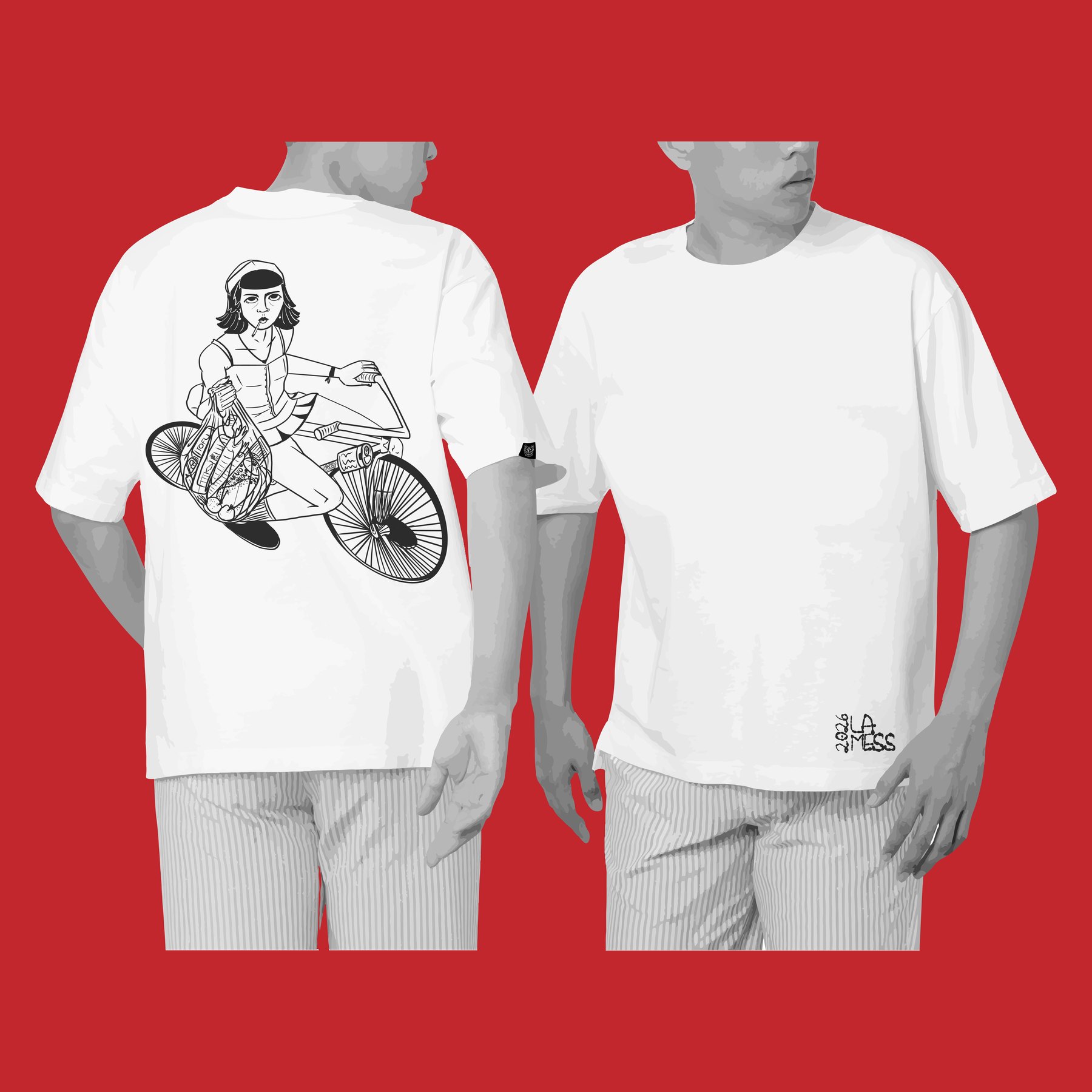 Camiseta oversized blanca sobre fondo rojo, de frente y de espalda. La espalda lleva el estampado de line-art de Polyhoney.